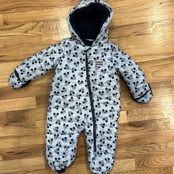 Hooded Navy Blue & Gray Mickey Mouse Puffer Snowsuit 9-12m - Picture 1 of 4